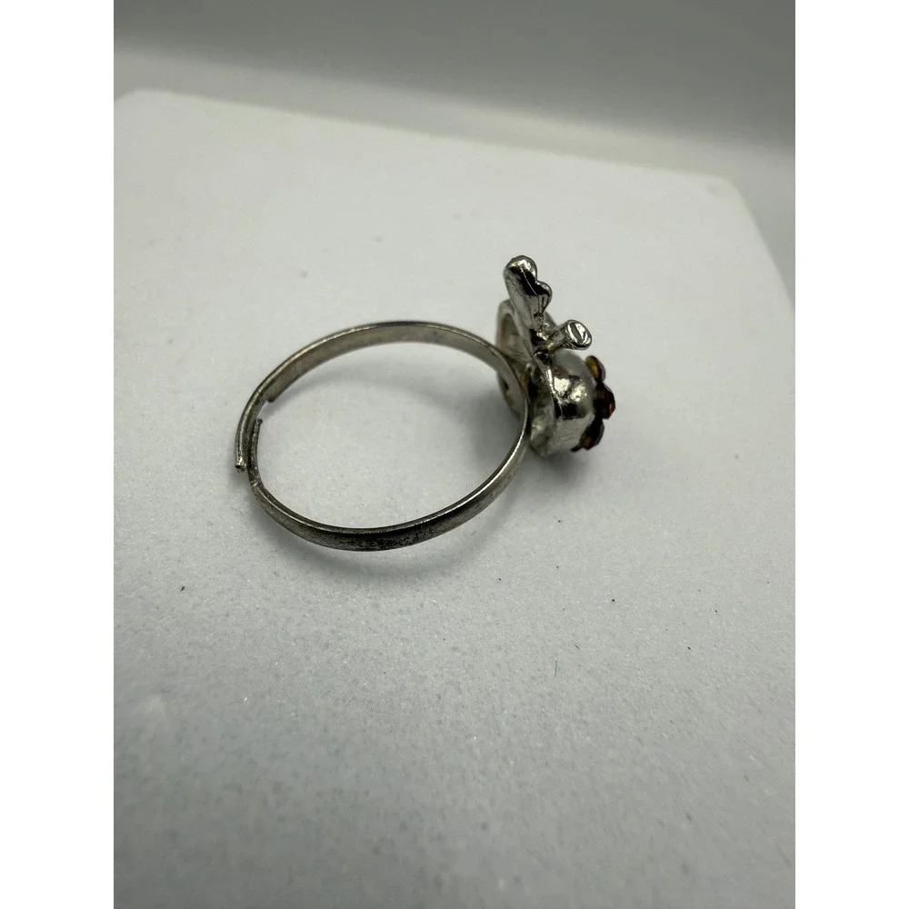 Vintage‎ Silver Tone Apple Ring Amber Rhinestone Adjustable Band Fruit Jewelry